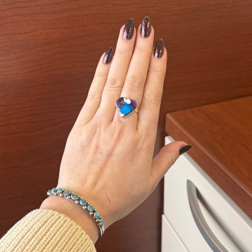 New 925 Sterling Silver Purple Dahlia Turquoise Heart-Shaped Ring Size 5.5